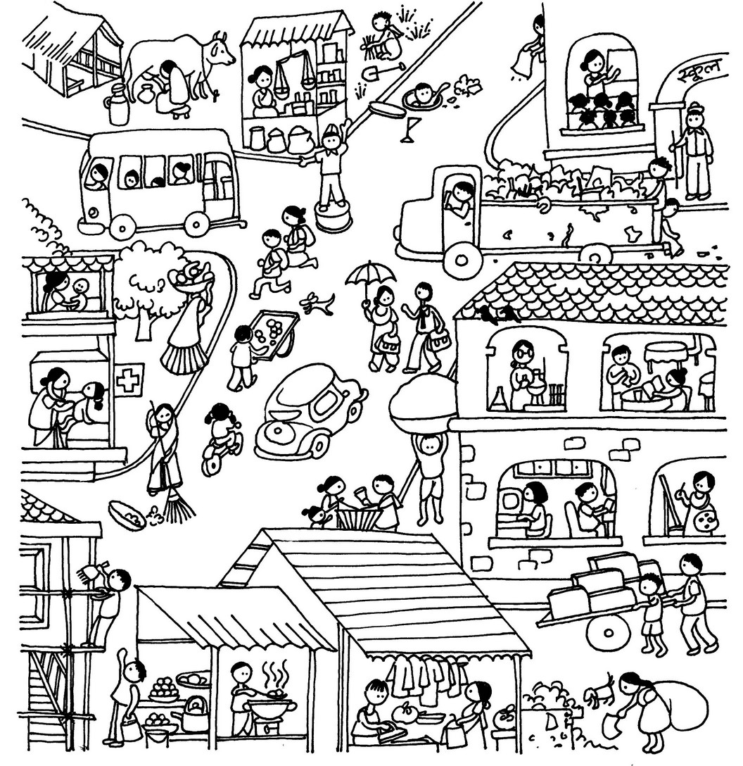 Following jobs are shown-  1. A woman milking a cow 2. A man riding a bus. 3. A woman taking care of her child in home. 4. A doctor checking a child in a hospital. 5. A man painting a house. 6. A lady selling things in a shop. 7.A traffic policeman guiding the vehicles to move. 8. A woman dropping her child to school. 9. A man selling fruits on a cart. 10. A man selling sweets. 11.A teacher teaching in a class. 12. A lady painting something on a board. 13. A man riding a truck. 14. A woman collecting garbage from a road. 15. A lady cleaning a road with a broom in her hand.