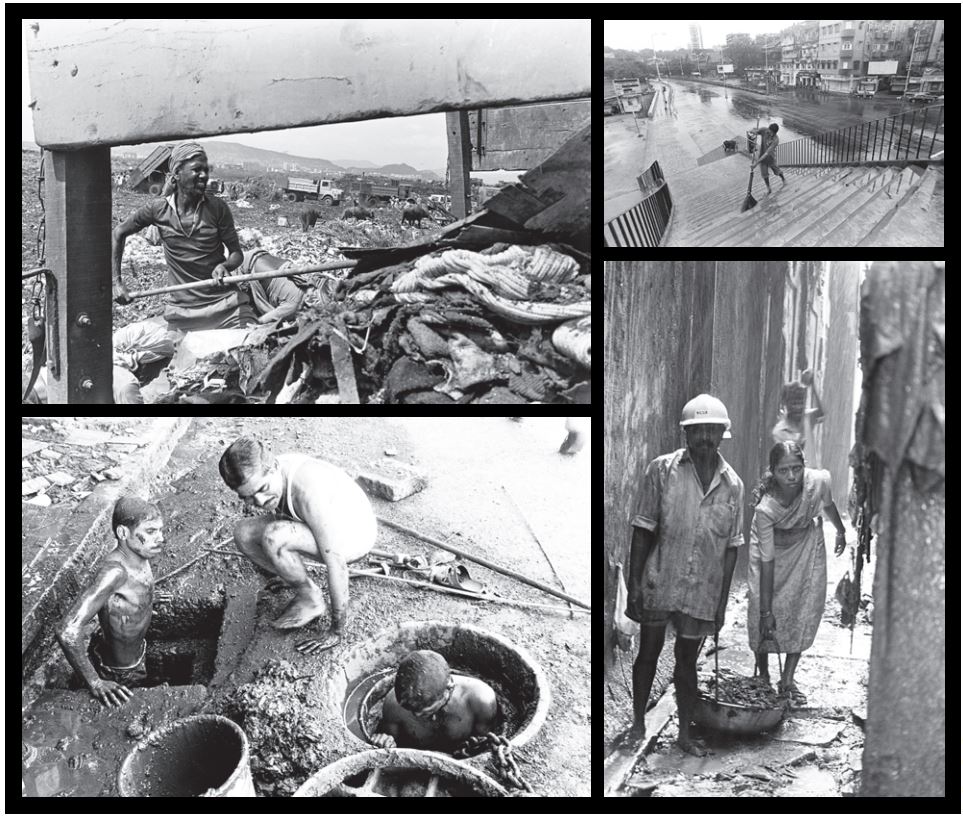 The first image shows a man cleaning in a garbage house, the second image shows a man cleaning stairs, the third image shows a man cleaning a gutter, the last image shows a man and a woman working near a construction site.