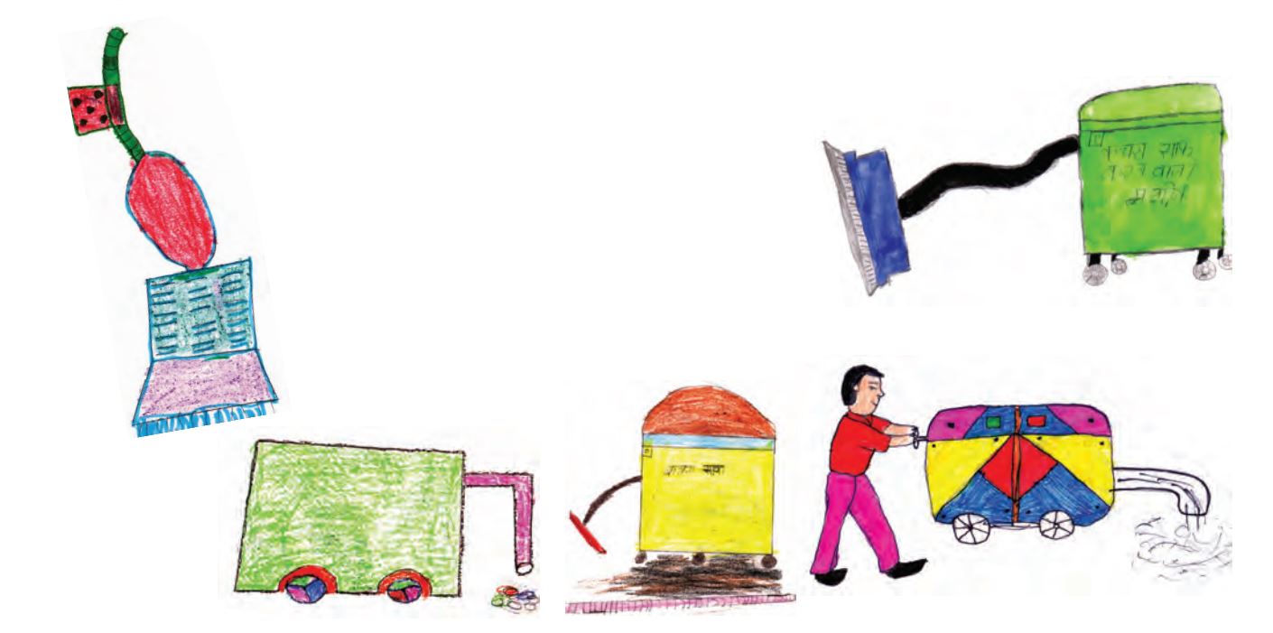 Few imaginative tools and machines drawn by children for doing various works like cleaning and washing.