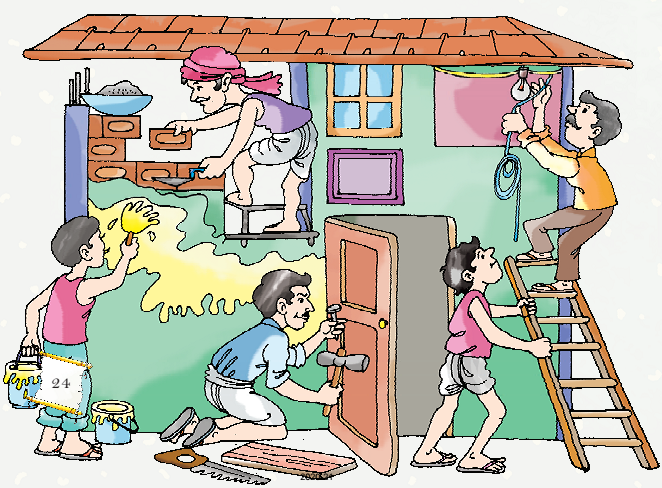 Five people are engaged in different activities. One is painting a wall, one is making a wall with bricks, one is repairing a door, one is holding a ladder and one is standing on top of the ladder to repair a bulb. 
