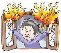 There is fire in a house a boy is looking out of its window and shouting.