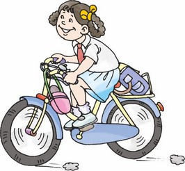 A girl is riding a bicycle and she has kept her school bag on the back seat of the bicycle.