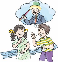 A girl and a boy are discussing something. The boy is thinking about a magician.