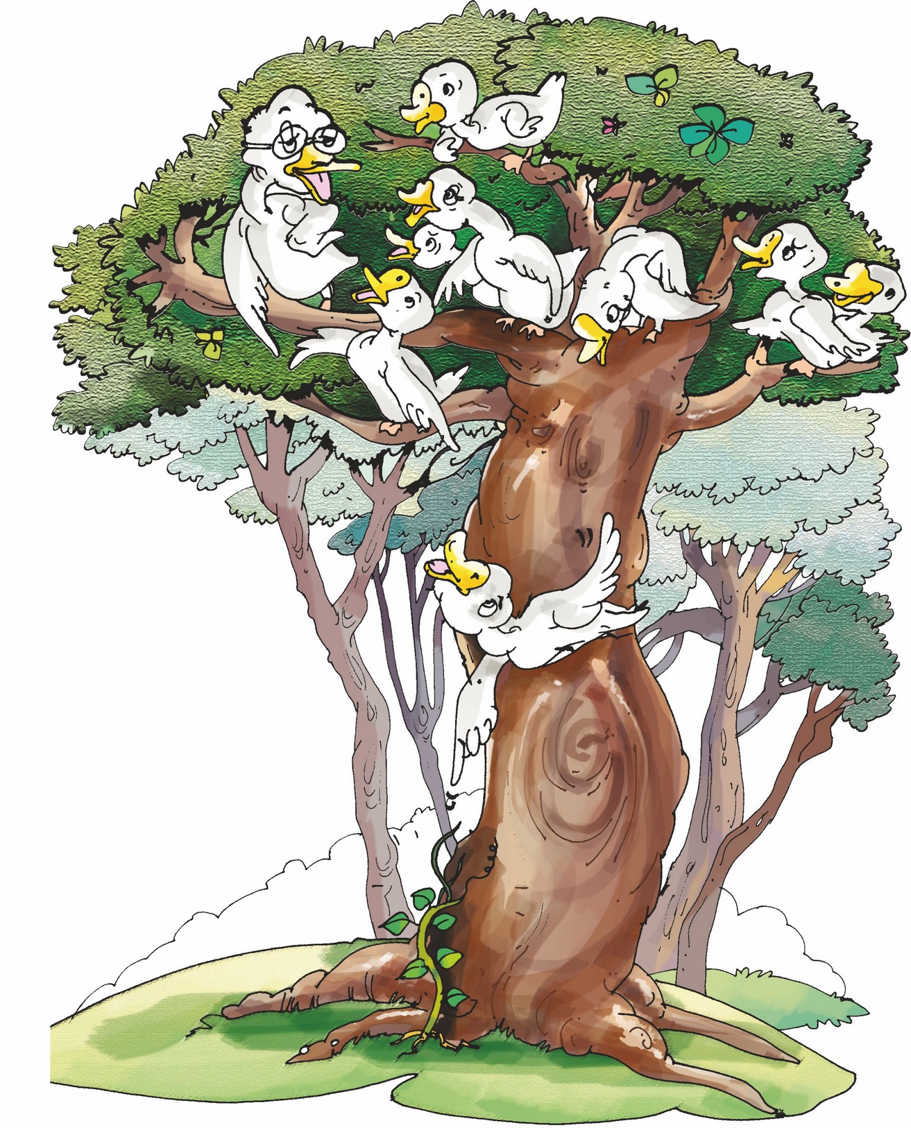 A lot of big white birds called geese on a tree.