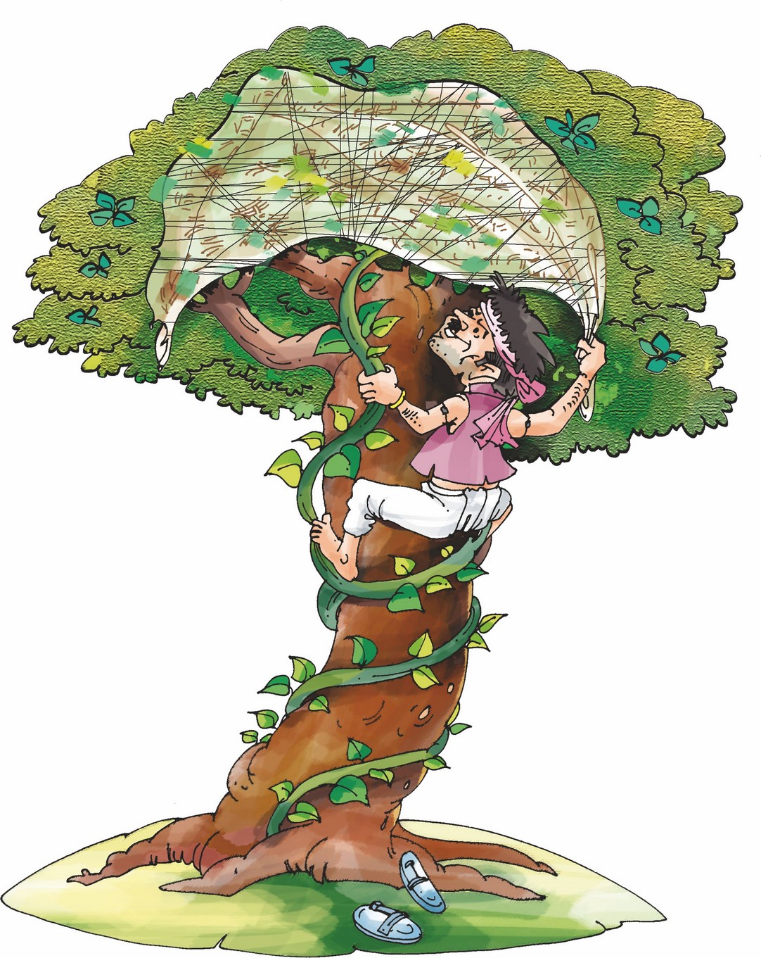 A man is climbing up the tree.