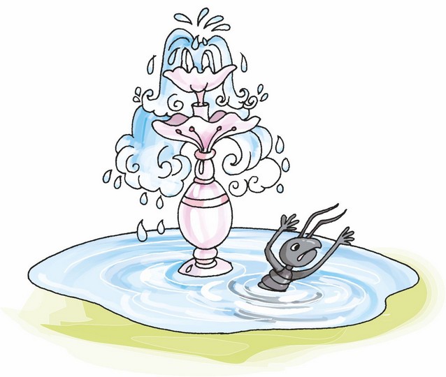 There is a fountain in the pond and an ant is drowning in the pond.