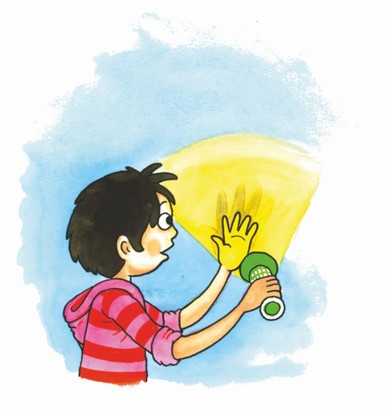 A boy throwing torch light on his hand. The shadow of his hand is formed on the wall.