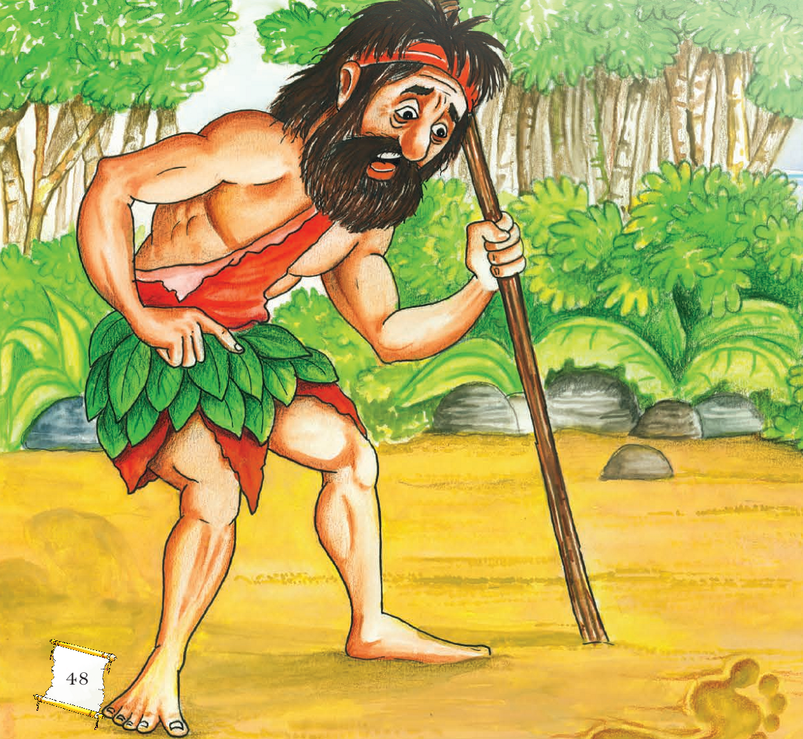A man holding a stick in his hand, looking at someone's footprints in the ground.