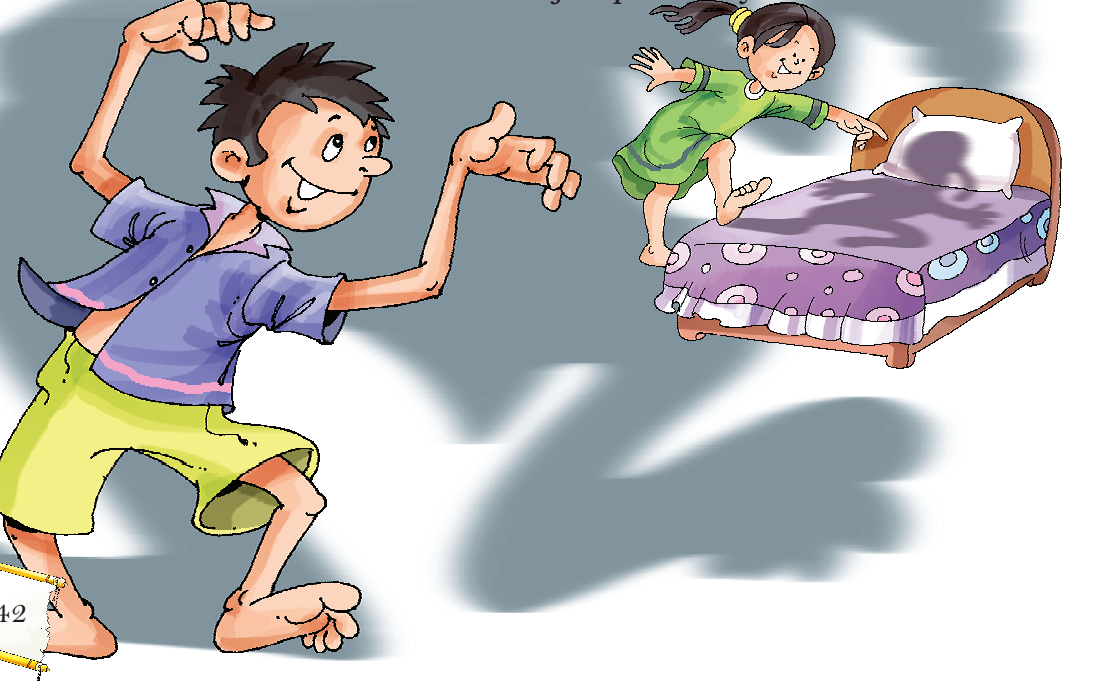 A girl looking at her shadow on the bed and a boy looking at his shadow on the floor.