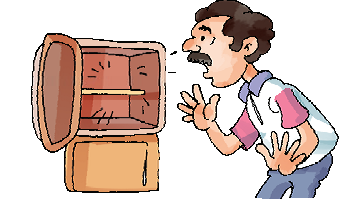 A man is raising his hands and opening his mouth in surprise after seeing an empty cupboard.