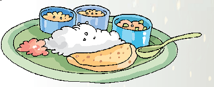 A plate in which there are three bowls of vegetables, a spoon, some rice and few chapattis.