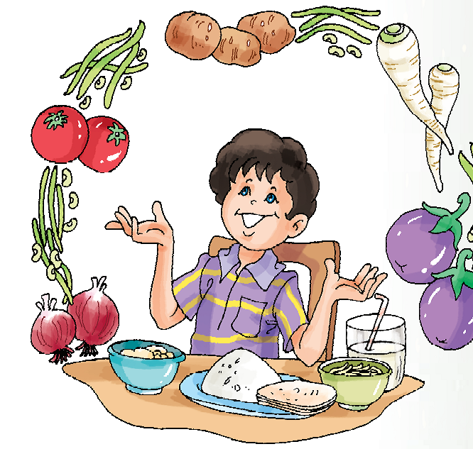 A boy is sitting and eating his food and there are pictures of onions, tomatoes, radish, potatoes, brinjals drawn in the form of a circle around the boy.