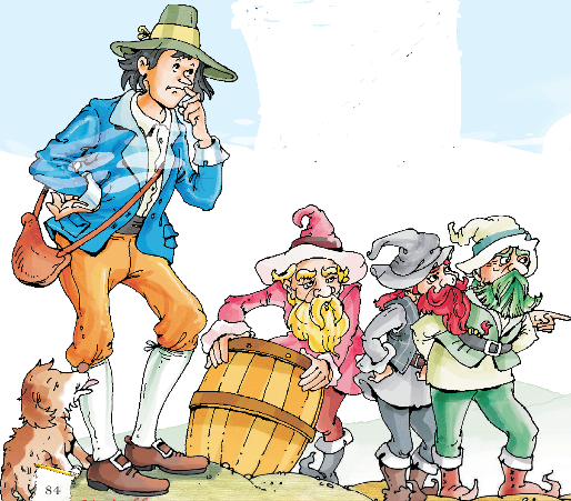 In this picture four people are there the three old man are pointing something a boy thinking and a dog seating near a man