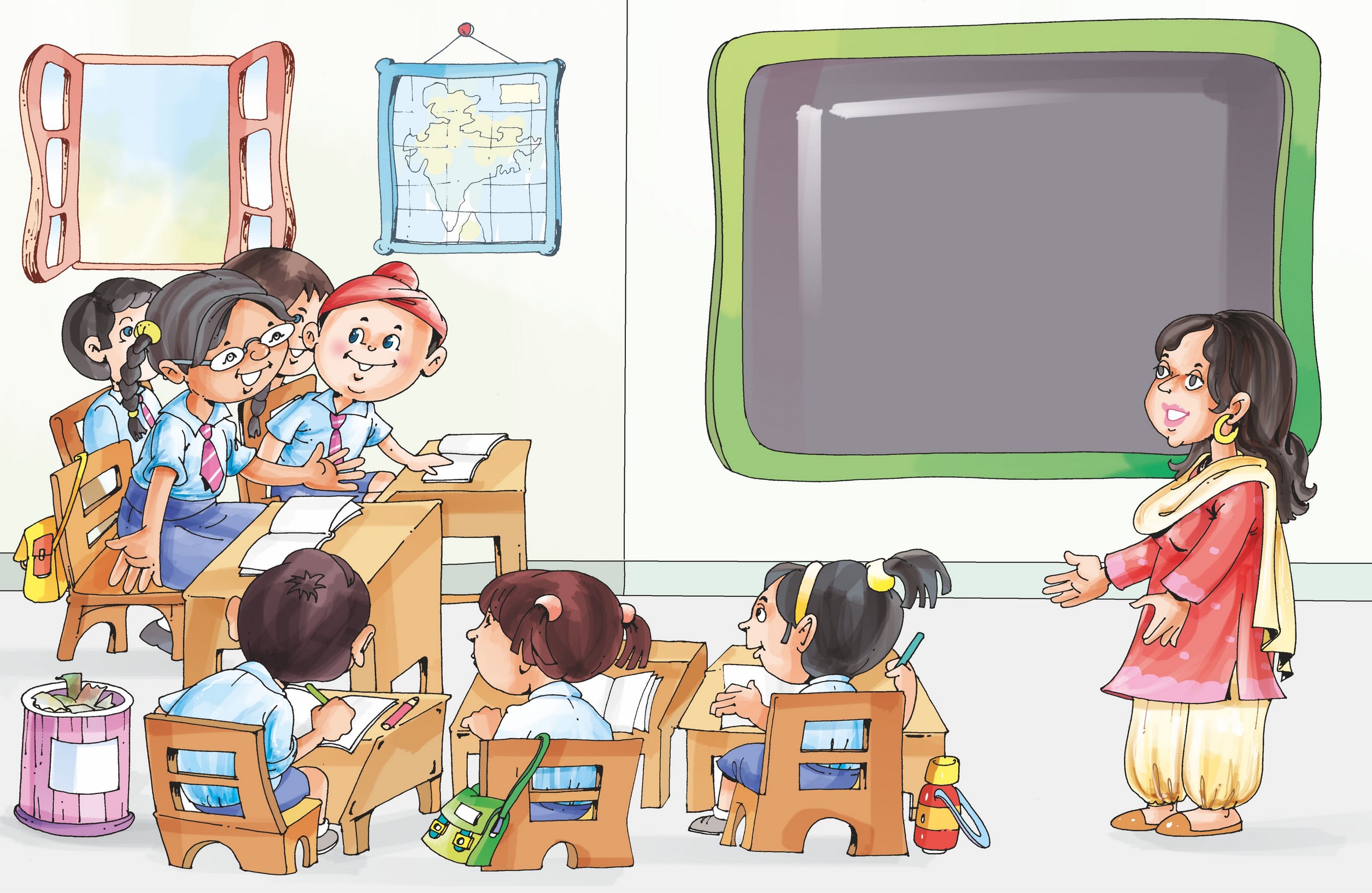 A teacher is teaching in a classroom and students are writing.