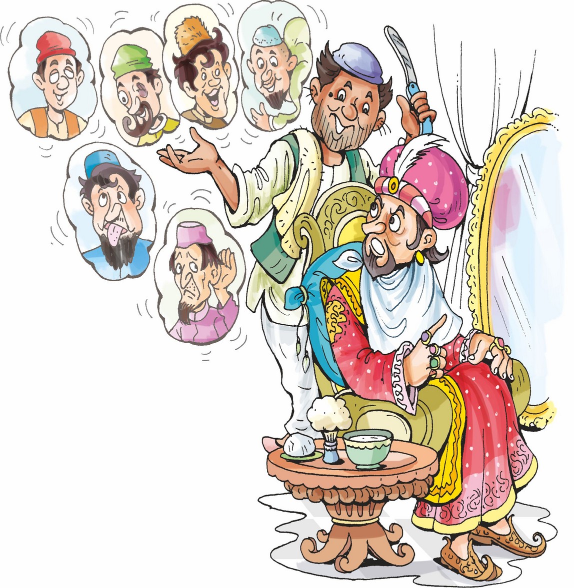 A king is getting angry when a barber standing behind him is talking.