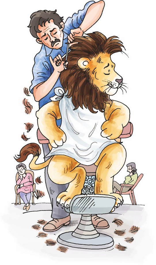 A man is trimming a lion's hair using a scissors.