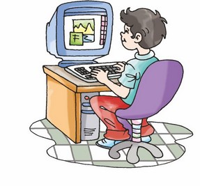 A boy sitting on a chair is working on a computer.