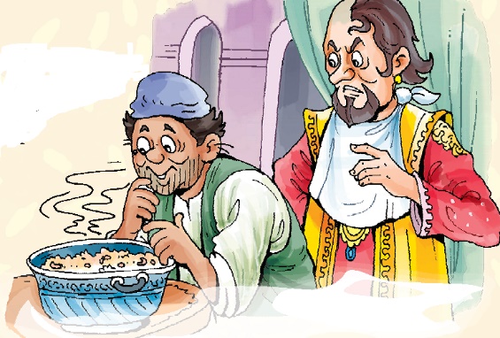 The barber is looking at a dish while the king is standing behind him.