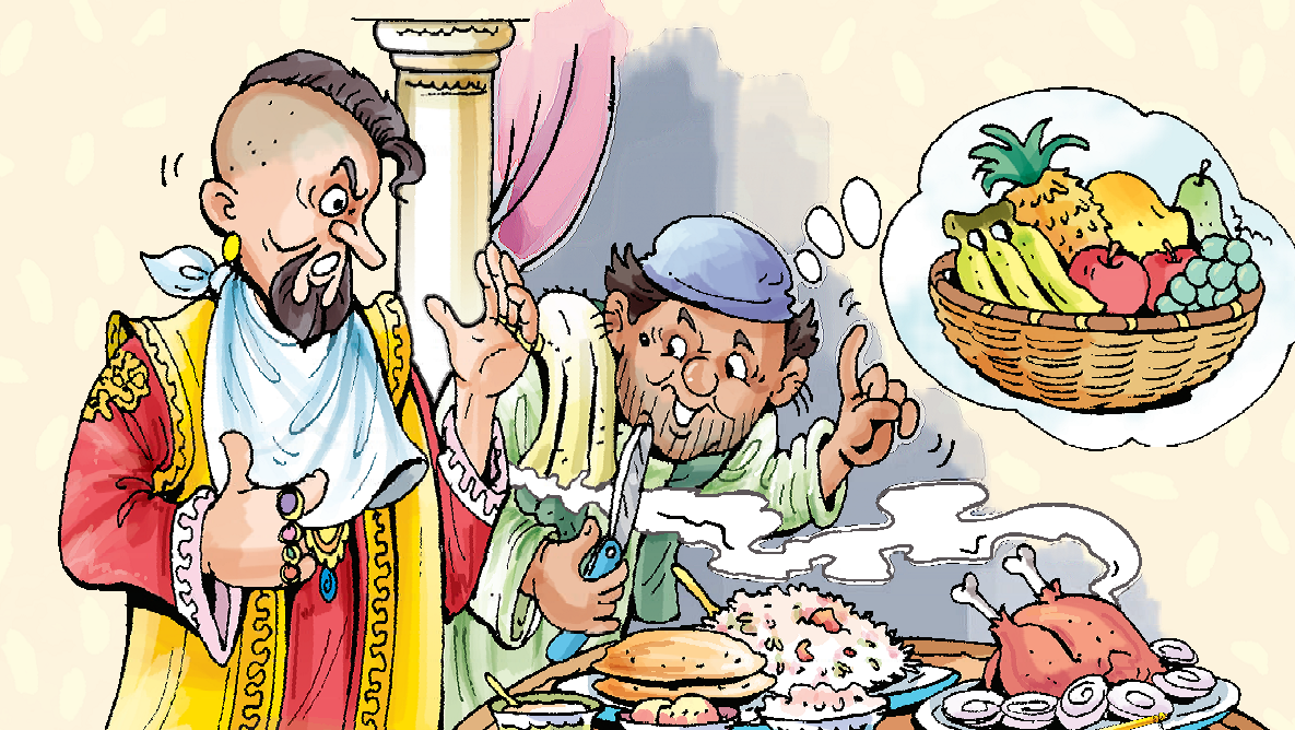 The king with half head shaved is getting angry when the barber is asking for fruits.