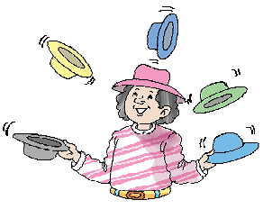 A woman holding two caps, one in each hand and there are three caps flying in circle shape around her head.