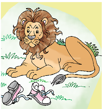 A pair of shoes lying in front of a lion.