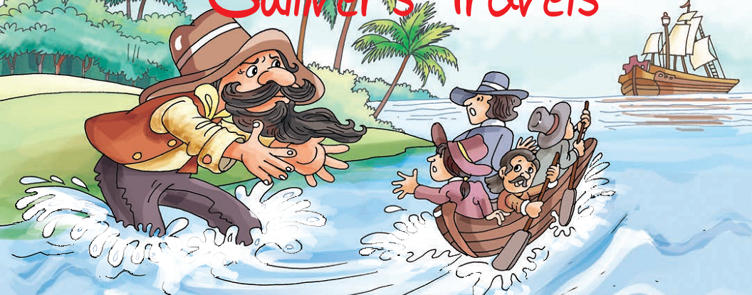 A man wearing a hat is scaring few men, who are travelling in a boat in water.