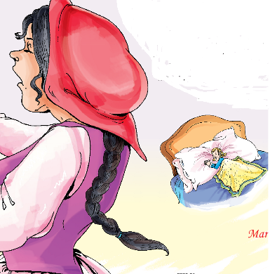 There is a woman wearing a scarf and behind her, a little girl is sleeping on the bed.