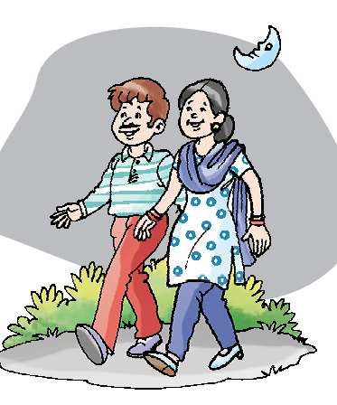A man and a woman are walking at night. The moon is seen in the sky.