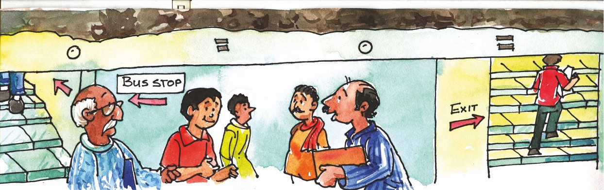 In this picture navigate the poeple towards the bus stope and exit