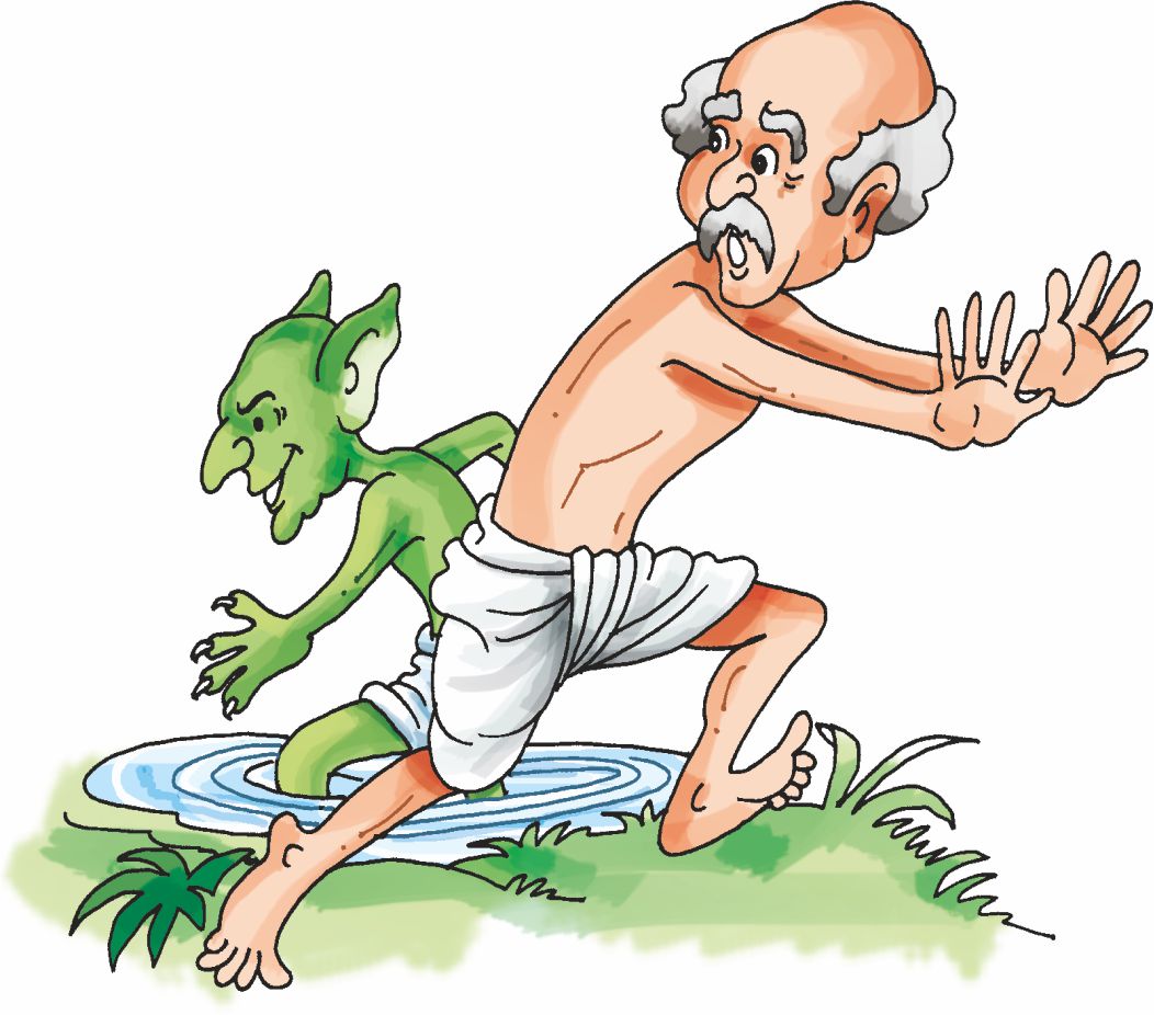 There is a n ugly man running in water in a forest and an old man is running in the oppposite direction .