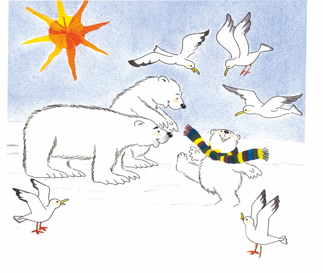 In snow, there are three polar bears and a bird is flying.