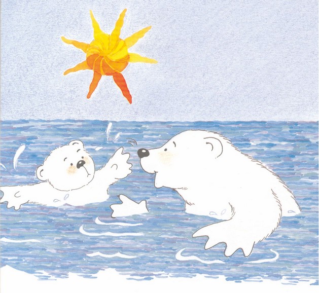 A big bear and a small bear are swimming in water.