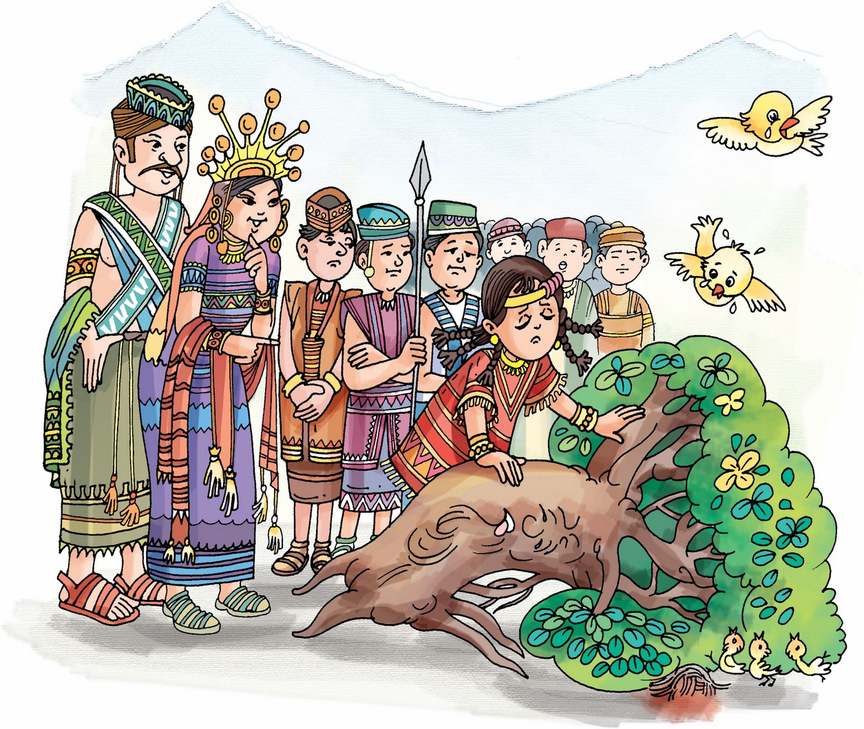 A tree has fallen on the ground and a girl is crying holding its trunk. Few people are standing and looking at the tree and few birds are also flying near the tree .