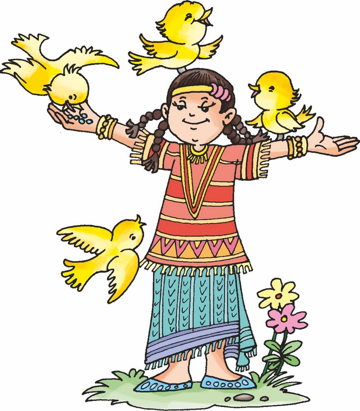 A bird is eating seeds from the hand of a girl, another bird is sitting on the girl's arm. One bird is sitting on her head and another bird is flying near her .