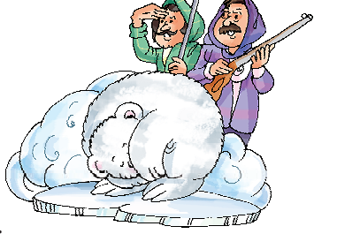 A bear is hiding itself in snow and two men holding guns in their hands are standing there .