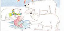 In snow, there are two big bears and a small bear, who is holding a small fish.