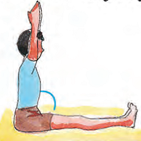 A boy is sitting on a mat with his legs spread forward and his hands are straight up. A right angle is formed between his stomach and thighs.
