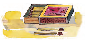 An open matchstick box and the black end of one matchstick is cleared.