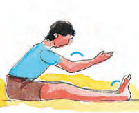 The boy is now sitting on a mat with his legs spread forward and hands little above the feet.