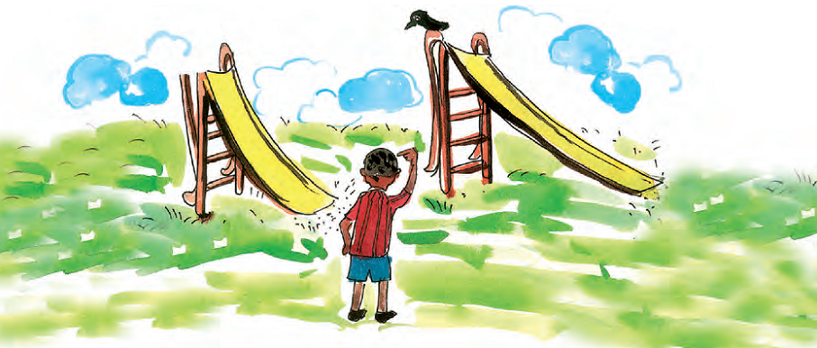A boy standing near two slides in a park. The first slide forms a smaller angle and the second on forms a larger angle.