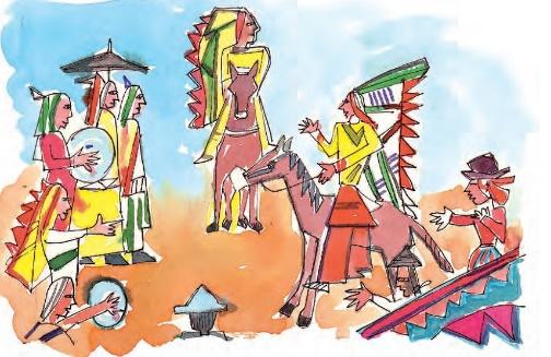 Two women are standing under an umbrella, two women are riding on camels, two women are playing round shaped small drums.