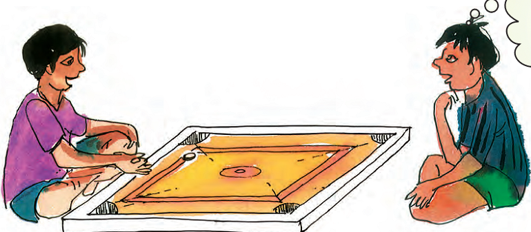 Two children are playing carrom board.