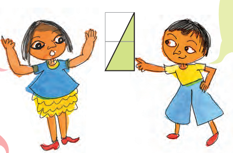 A girl is looking at another girl who is holding a triangle in her hand.