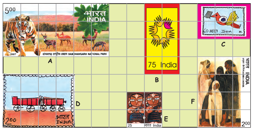Six stamps pasted on a rectangular grid. These stamps are marked A,B,C,D,E respectively.