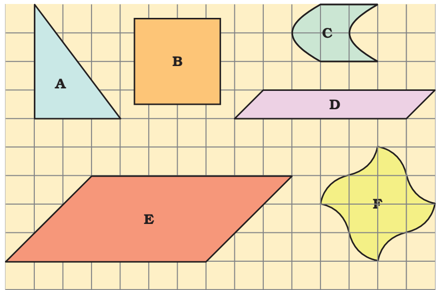 A triangle, a square, two rectangles and two more closed shapes made on a grid.