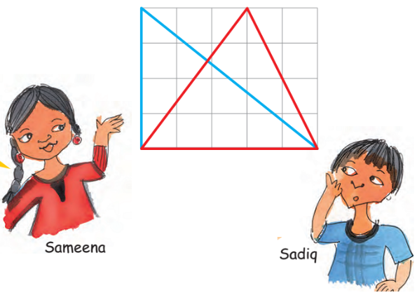 Two girls are discussing about two triangles drawn in a rectangle.