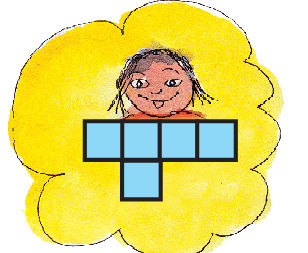 There is a girl and a figure formed by four small squares joined horizontally in a straight line and another small square is joined below the second square in the upper row.