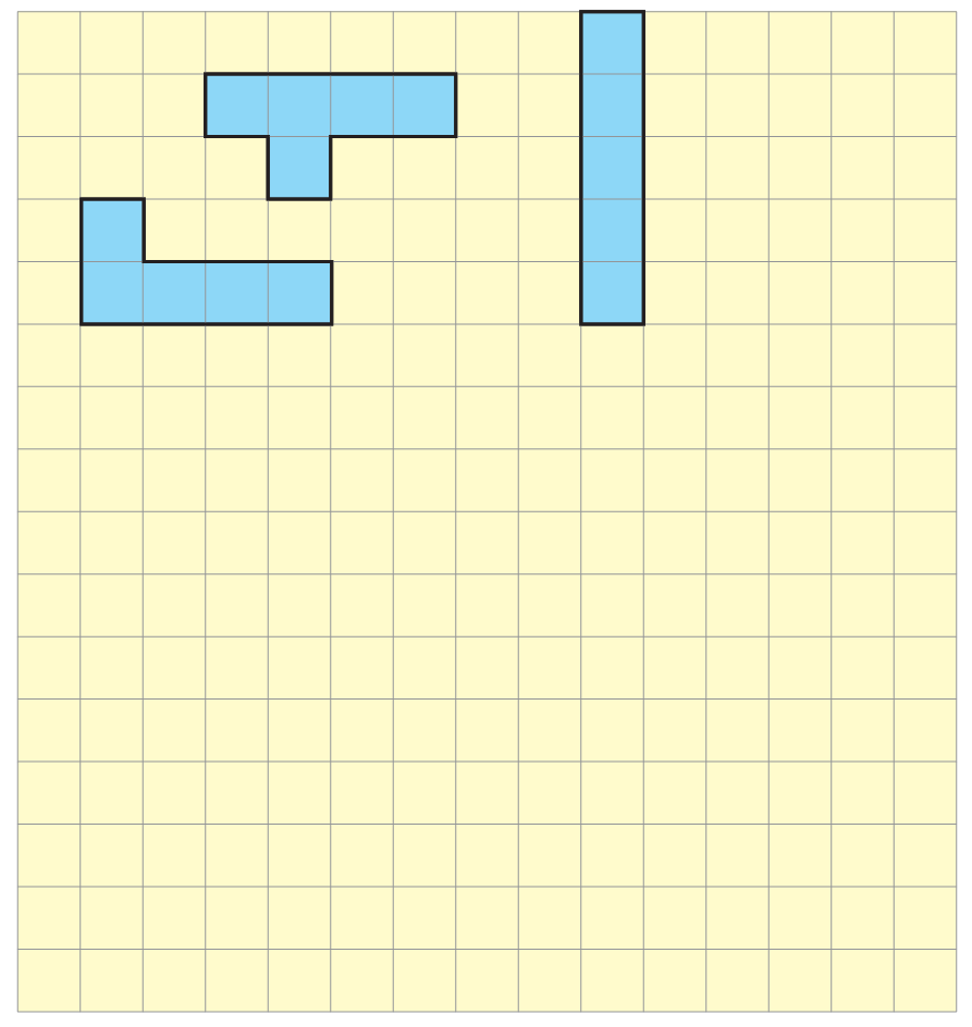 Three closed shapes formed on a grid.