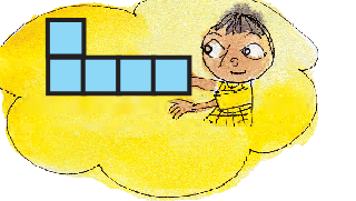 A girl is holding a figure formed by four small squares joined in a straight line and another small square joined over the first one in the row.