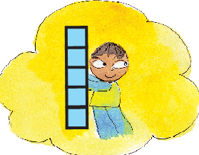 A boy holding a figure formed by five small squares arranged vertically on over another.